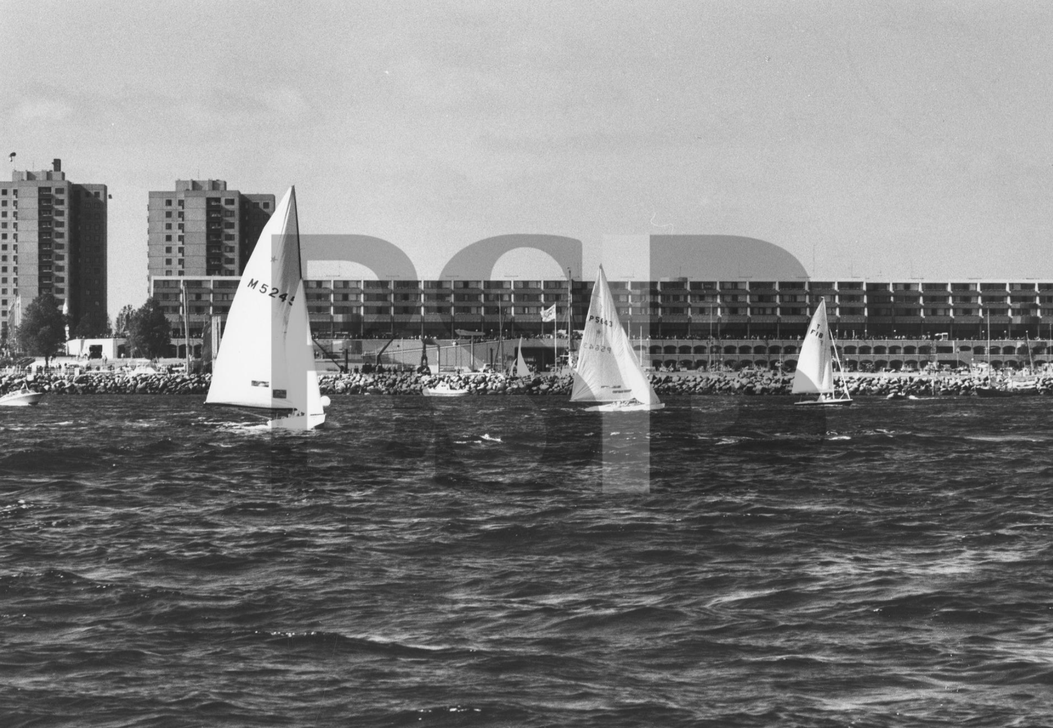 zwei Star-Segelboote und ein Tempest-Segelboot vor dem Olympiazentrum Schilksee; nach Norden segelnd; zwei Motorboote